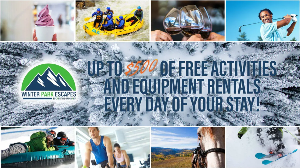 A vibrant collage of adventure activities with people white-water rafting through rapids, skiing on fresh powder, golfing in the mountains, horseback riding, and enjoying ice cream outdoors. The scene conveys a sense of excitement and variety for all seasons.