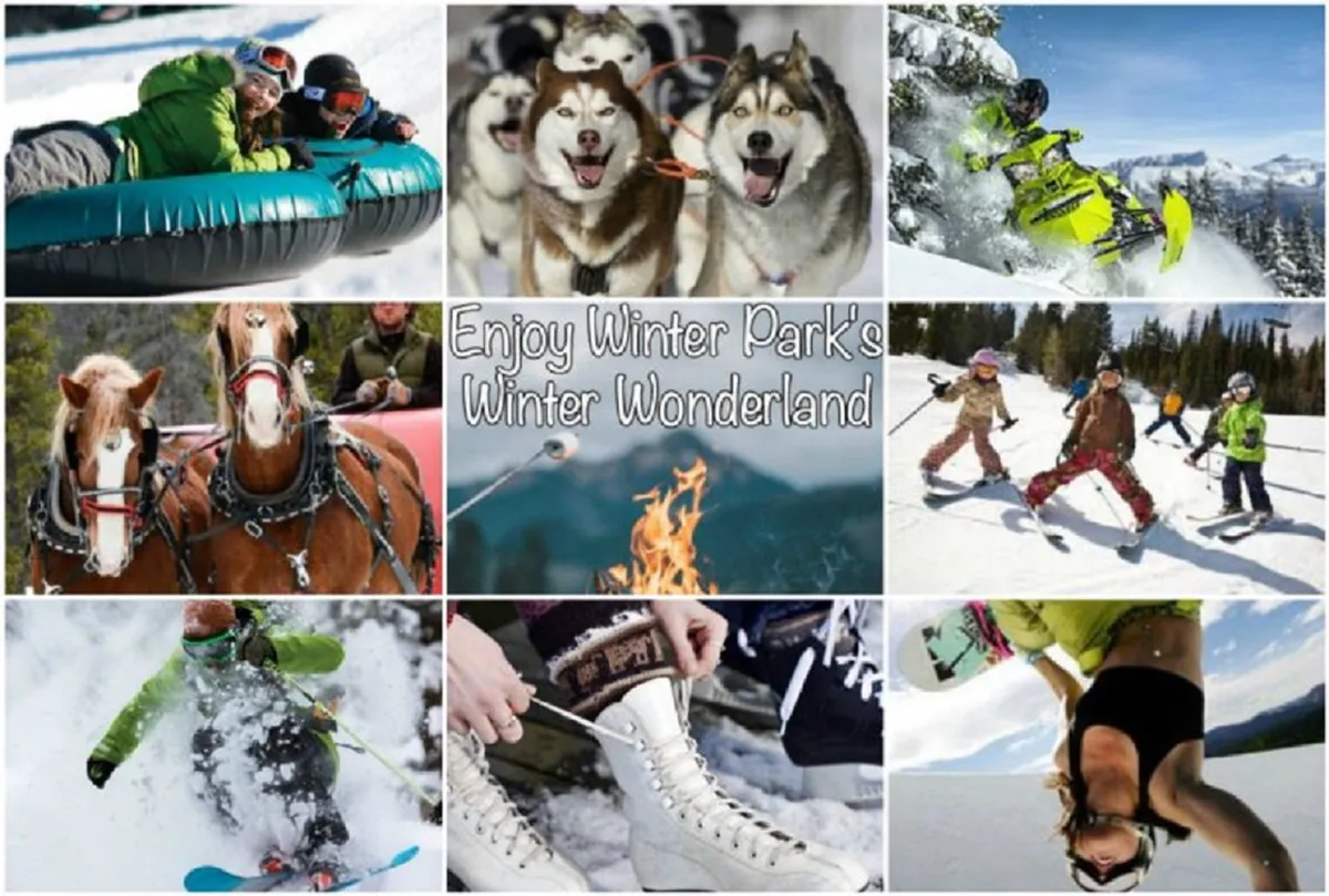 A lively winter scene capturing families and children participating in a variety of snow activities, including snow tubing, snowmobiling, dog sledding, horse-drawn sled rides, skiing, and ice skating. The landscape is blanketed in snow with beautiful mountain views in the background, and a fire pit invites cozy gatherings after a day of adventure.